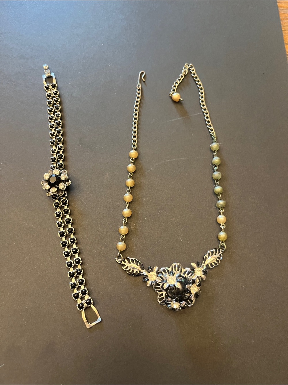 Floral Black and Gold Statement Necklace and Bracelet Set